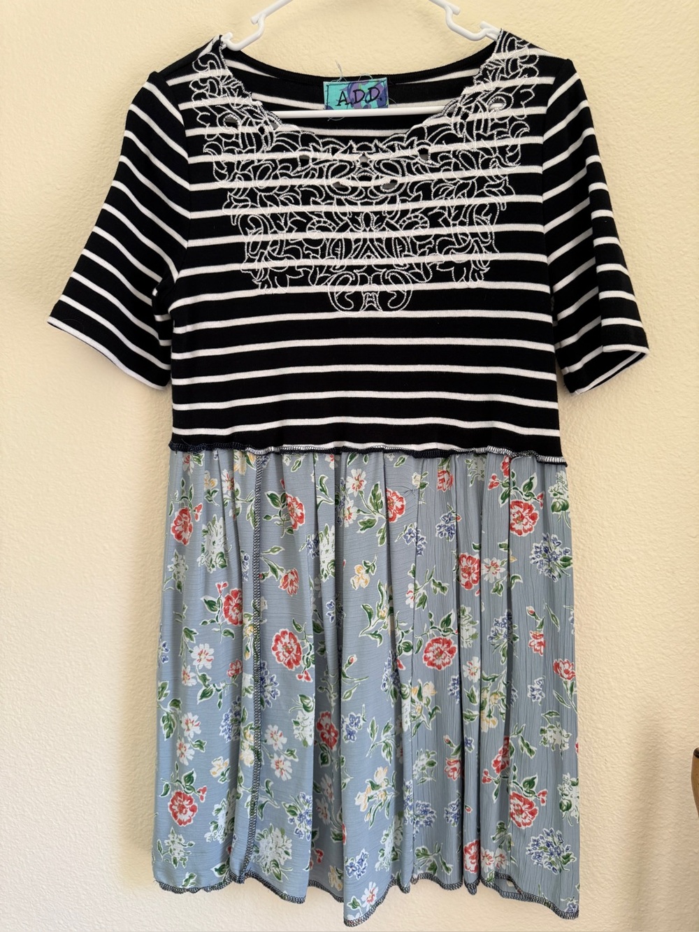 A.D.D. Upcycled Mixed Print Stripe Floral Embroidered Boho Dress Women’s S-M